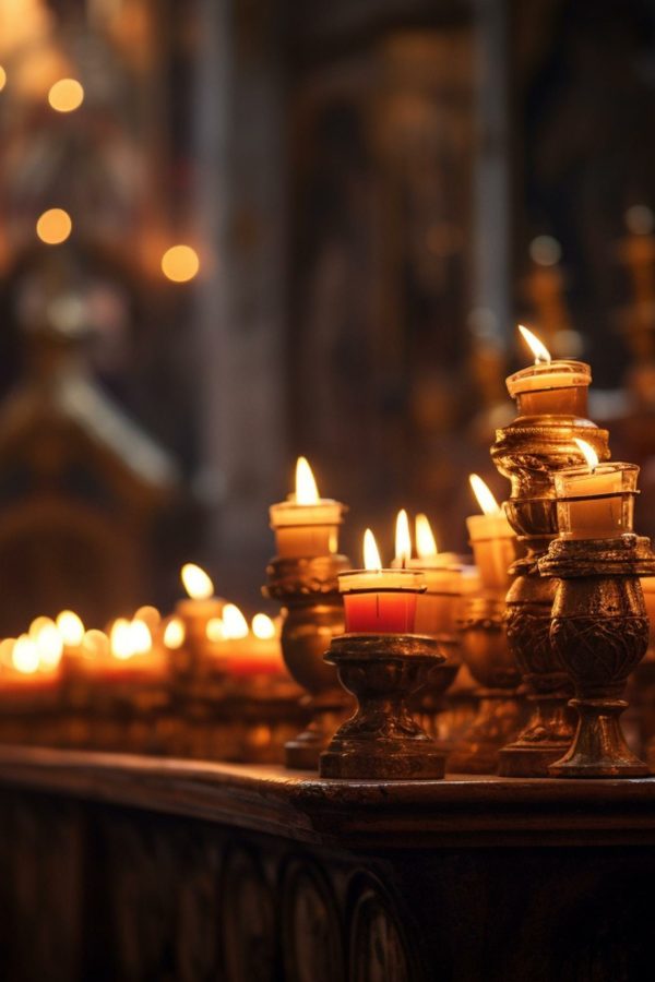 Candles illuminated near a lit lamp inside a place of worship. Generative AI